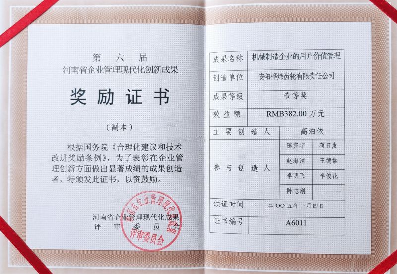 河南省企業(yè)管理現(xiàn)代化創(chuàng)新成果獎勵證書