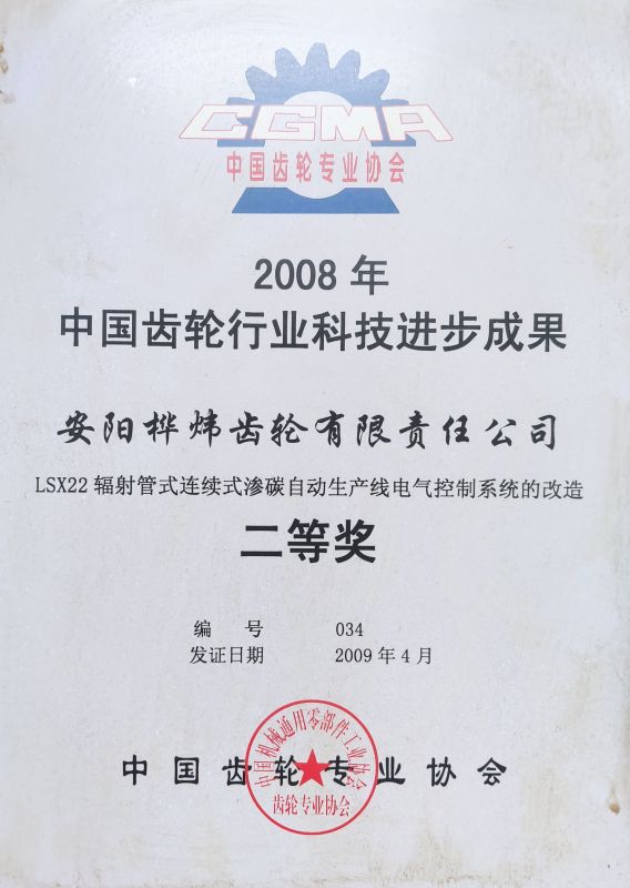 2009年中國(guó)齒輪行業(yè)科技進(jìn)步成果二等獎(jiǎng)